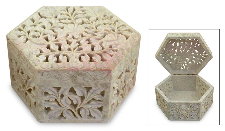 Hand Carved Stone Jewelry Multi Purpose Jaali Design Box Indian Handicrafts Arts