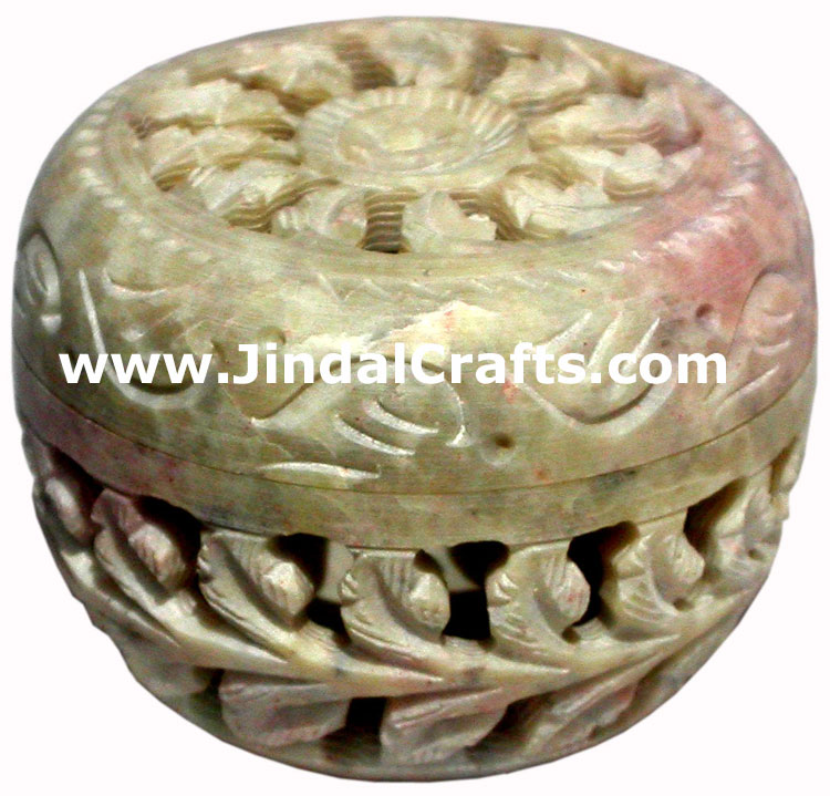 Hand Carved Stone Jewelry Multi Purpose Jaali Design Box Indian Handicrafts Arts