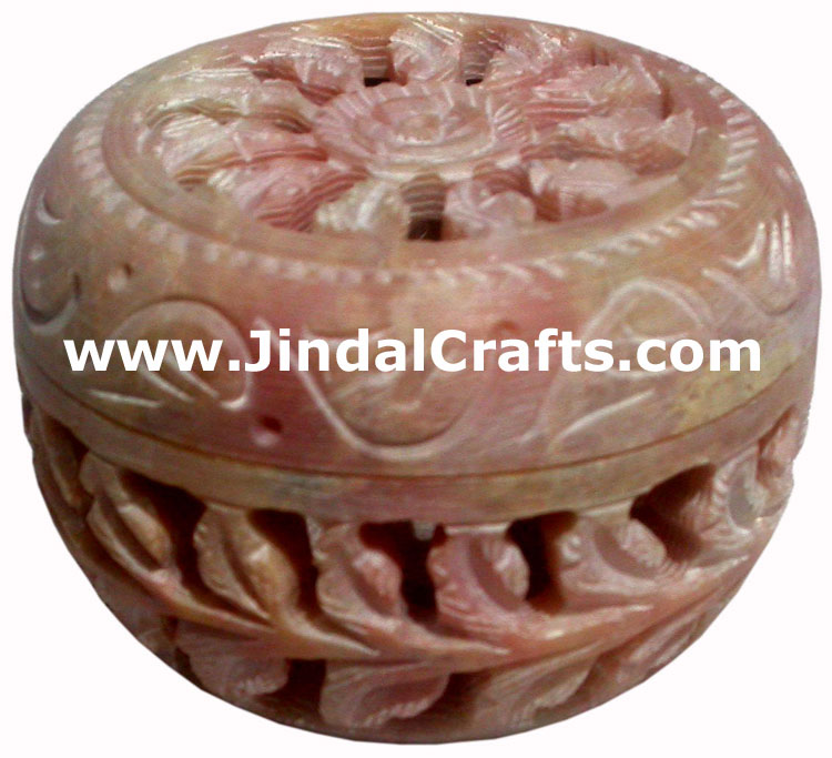 Hand Carved Stone Jewelry Multi Purpose Jaali Design Box Indian Handicrafts Arts