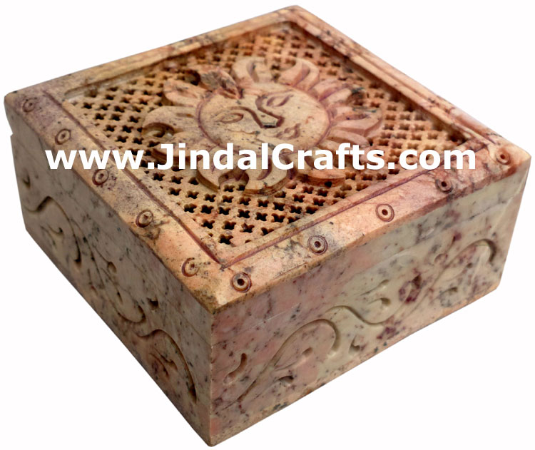 Hand Carved Stone Jewelry Multi Purpose Jaali Design Box Indian Handicrafts Arts