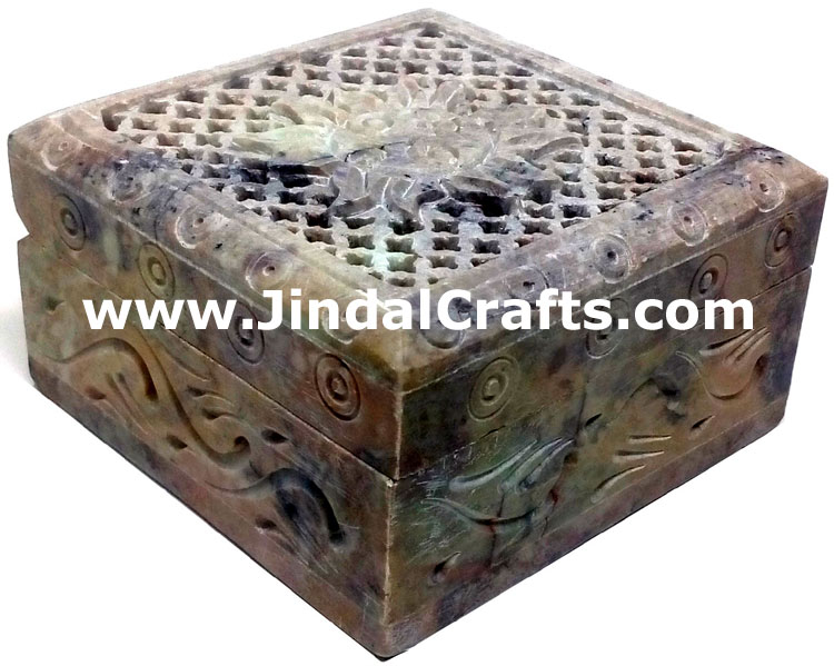Hand Carved Stone Jewelry Multi Purpose Jaali Design Box Indian Handicrafts Arts