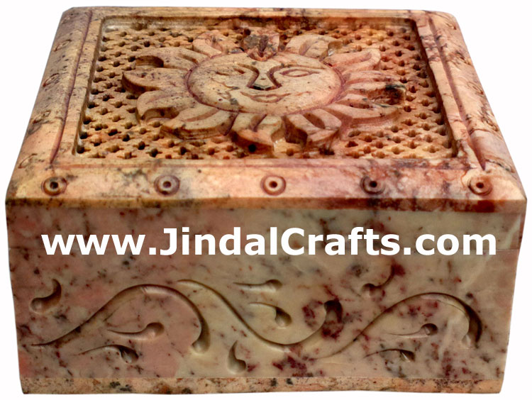Hand Carved Stone Jewelry Multi Purpose Jaali Design Box Indian Handicrafts Arts