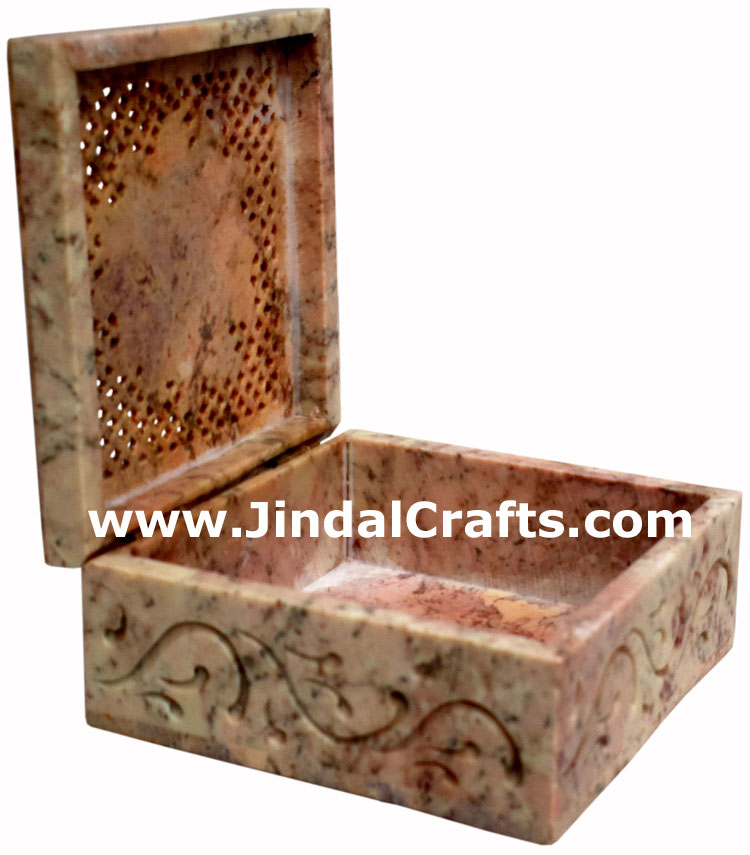 Hand Carved Stone Jewelry Multi Purpose Jaali Design Box Indian Handicrafts Arts