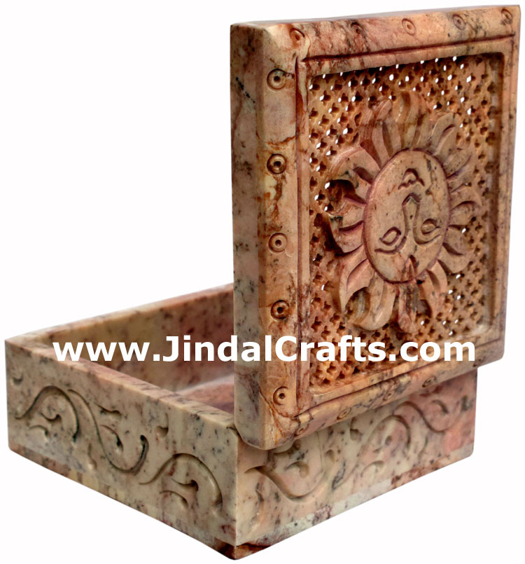 Hand Carved Stone Jewelry Multi Purpose Jaali Design Box Indian Handicrafts Arts