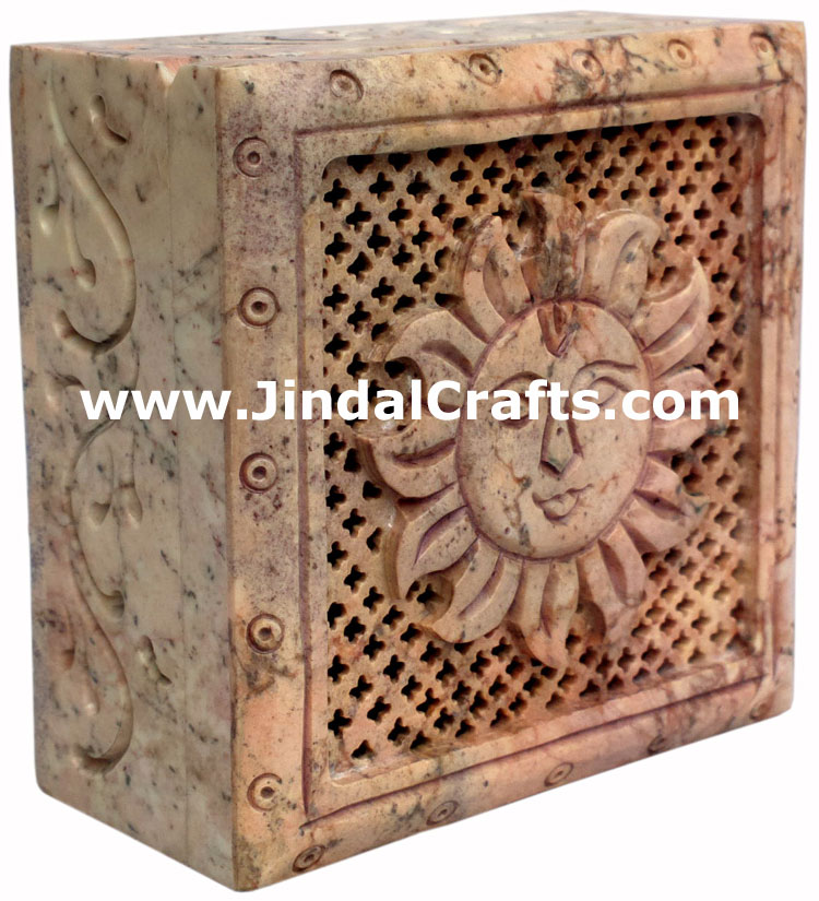 Hand Carved Stone Jewelry Multi Purpose Jaali Design Box Indian Handicrafts Arts