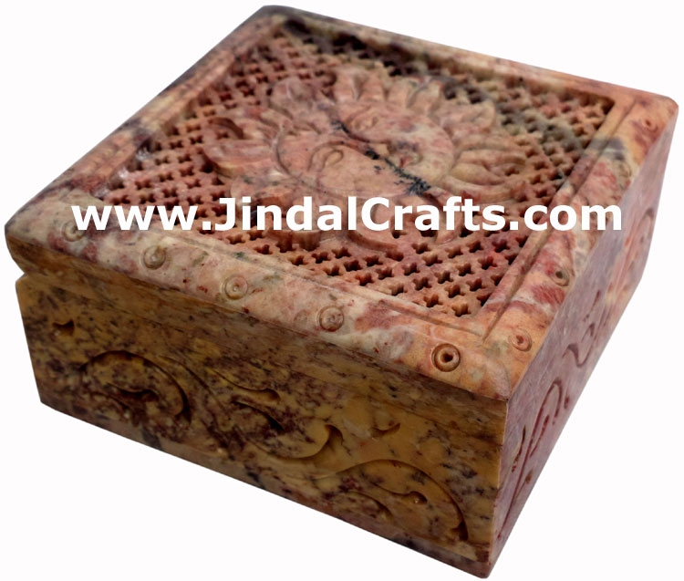 Hand Carved Stone Jewelry Multi Purpose Jaali Design Box Indian Handicrafts Arts