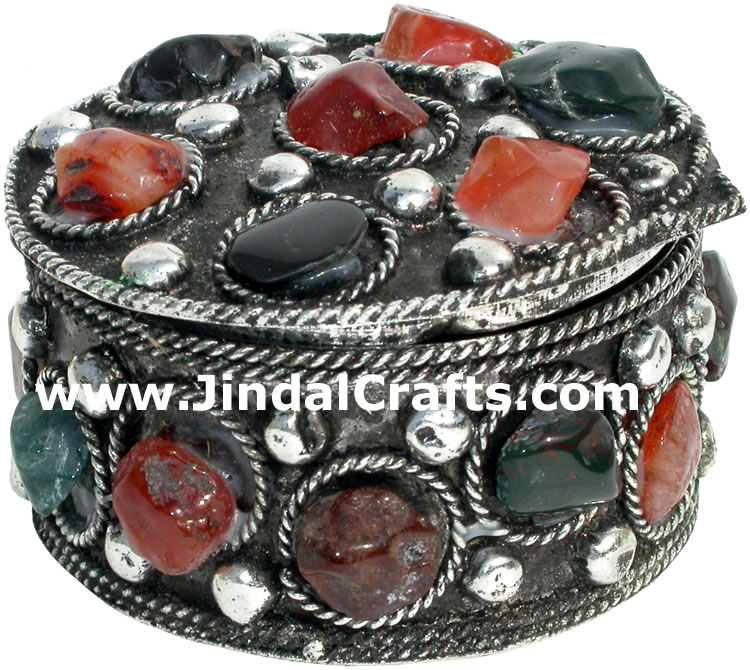Set of 4 Handmade Metal and Stone Box India Artifact