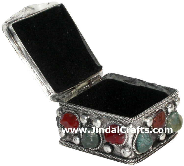 Set of 4 Handmade Metal and Stone Box India Artifact