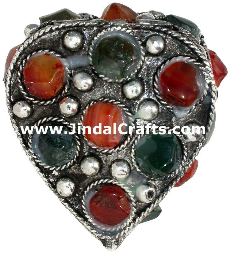 Set of 4 Handmade Metal and Stone Box India Artifact