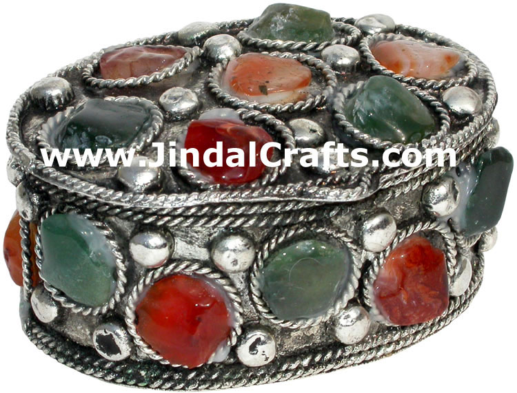 Set of 4 Handmade Metal and Stone Box India Artifact