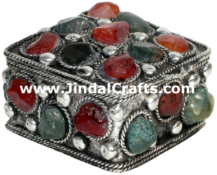 Set of 4 Handmade Metal and Stone Box India Artifact