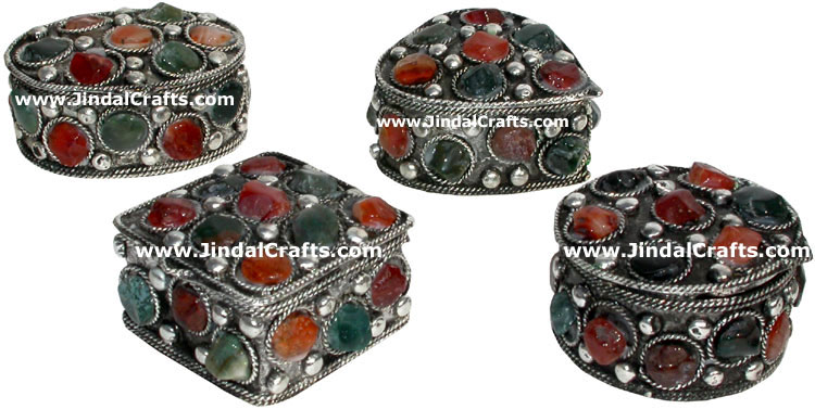 Set of 4 Handmade Metal and Stone Box India Artifact