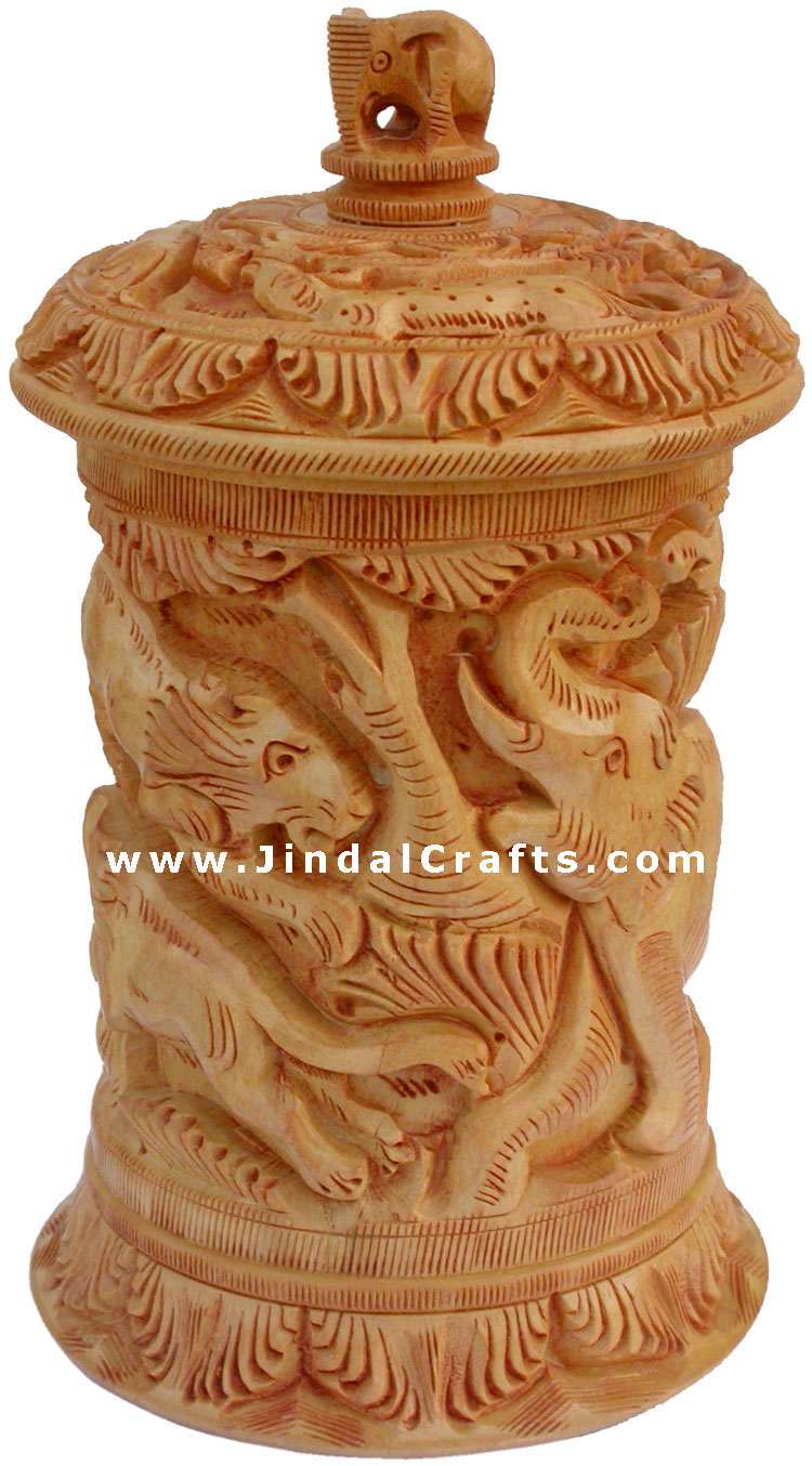 Multi Purpose Box Hand Carved India Wood Art Jungle