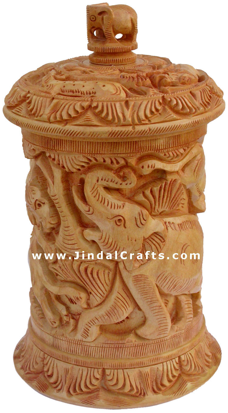 Multi Purpose Box Hand Carved India Wood Art Jungle