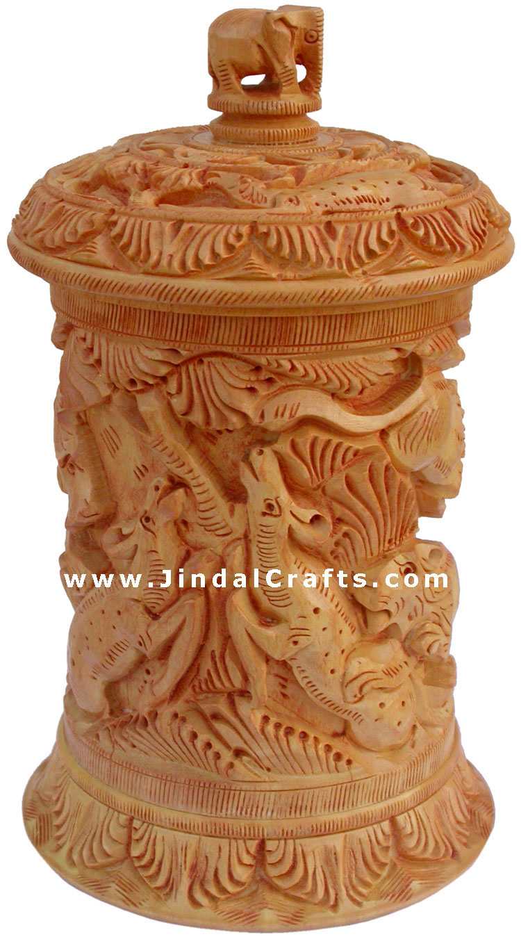 Multi Purpose Box Hand Carved India Wood Art Jungle