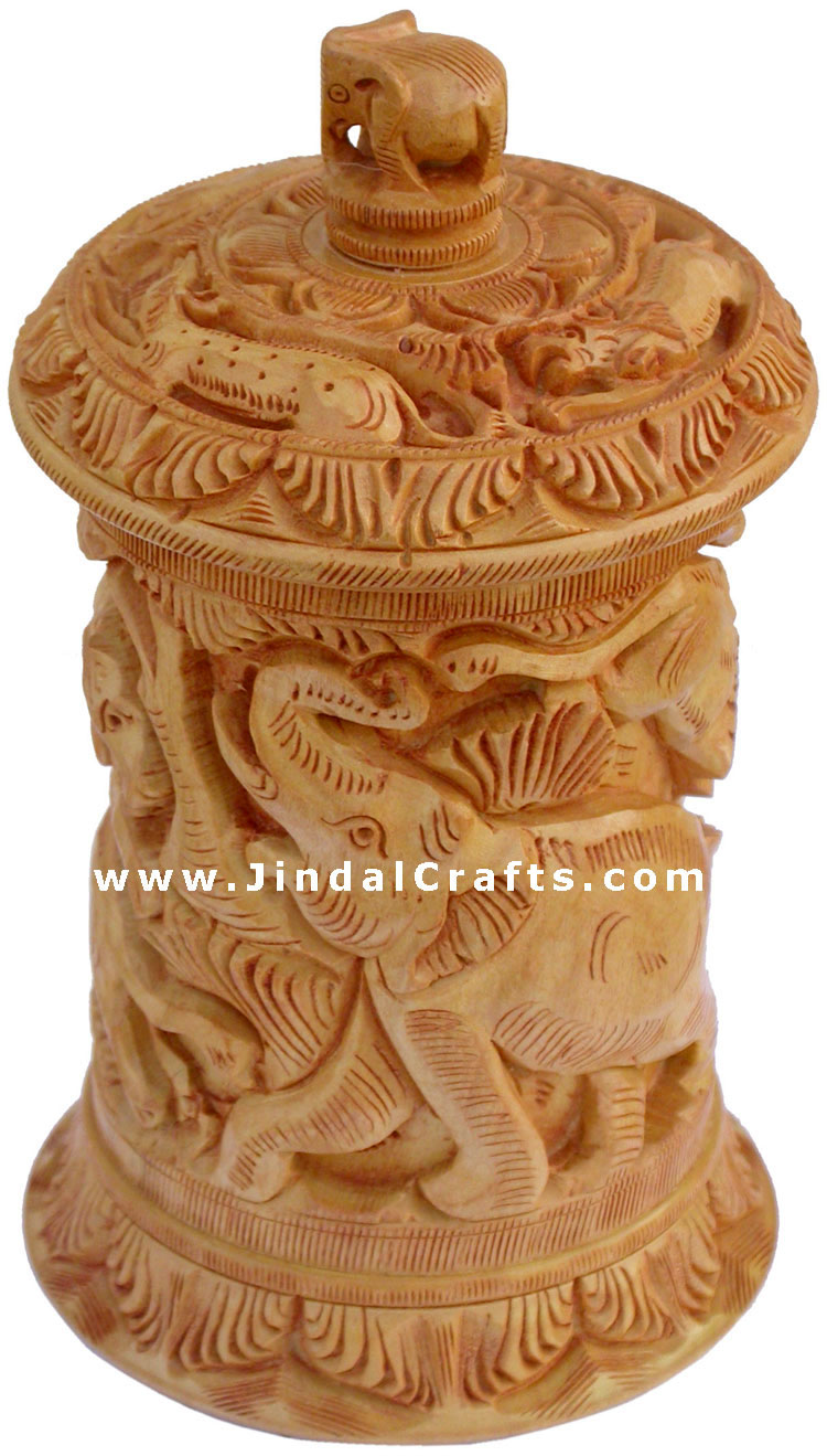 Multi Purpose Box Hand Carved India Wood Art Jungle