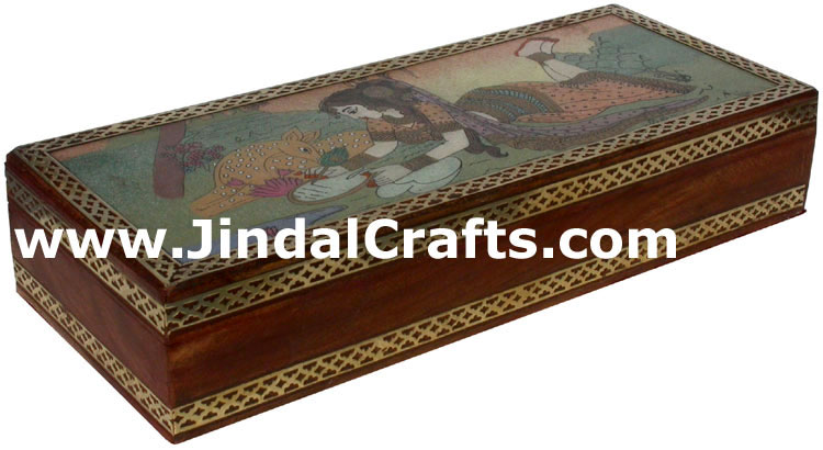 Hand Carved wood and Gemstone Dust Painting Box India