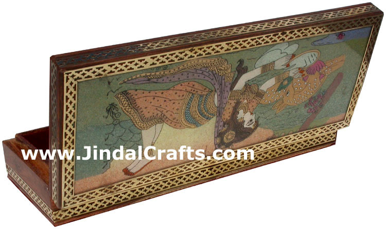 Hand Carved wood and Gemstone Dust Painting Box India