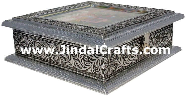 Hand Carved Wood and Metal Embossing Box India Artifact