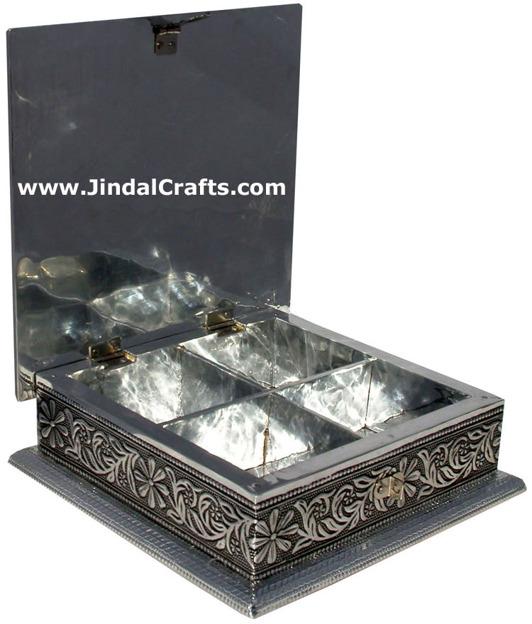 Hand Carved Wood and Metal Embossing Box India Artifact