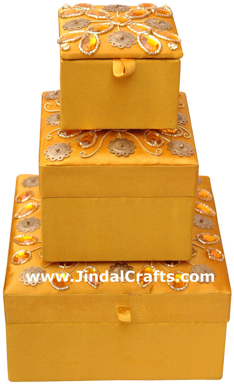 Set of 3 Hand Made Beaded and Embroidered Jari Boxes
