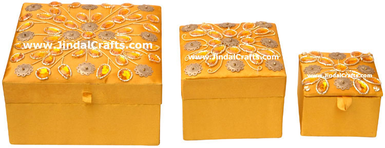 Set of 3 Hand Made Beaded and Embroidered Jari Boxes