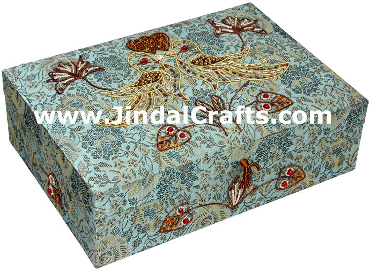 Hand Embroidered Designer Beaded Zari Jewelry Box Souvenir Indian Rich Art Craft