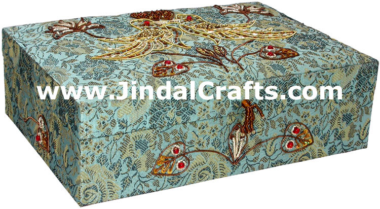 Hand Embroidered Designer Beaded Zari Jewelry Box Souvenir Indian Rich Art Craft
