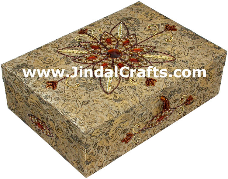 Hand Embroidered Designer Beaded Zari Jewelry Box Souvenir Indian Rich Novica