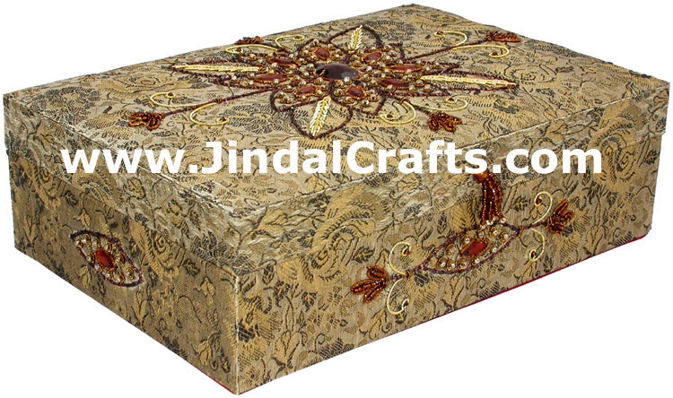 Hand Embroidered Designer Beaded Zari Jewelry Box Souvenir Indian Rich Novica