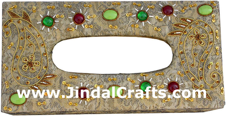 Tissue Box Cover Beaded Hand Embroidered Jari Craft Art