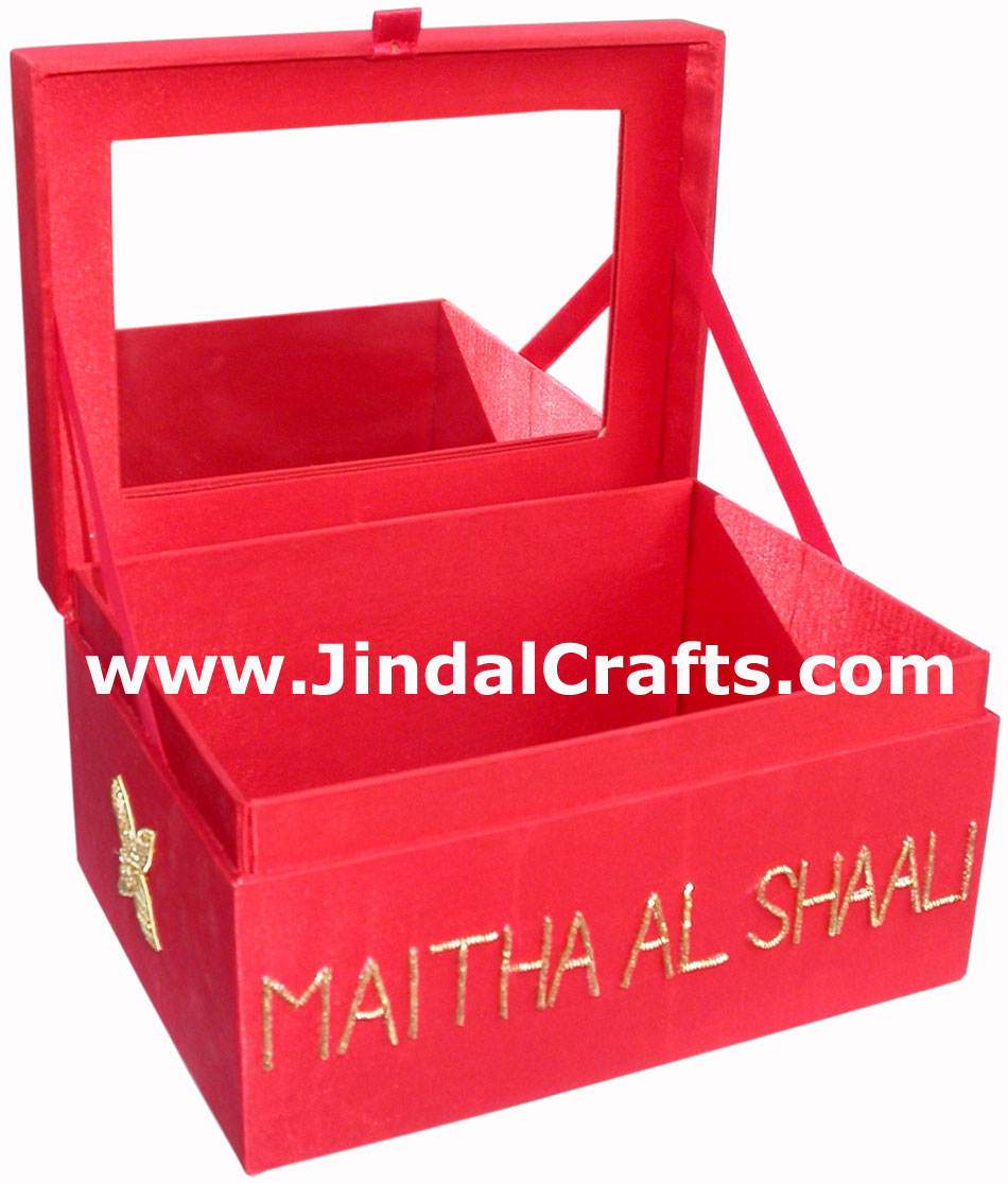 Hand Embroidered Jewelry Box With Mirror Indian Traditional Craft Beaded Zari