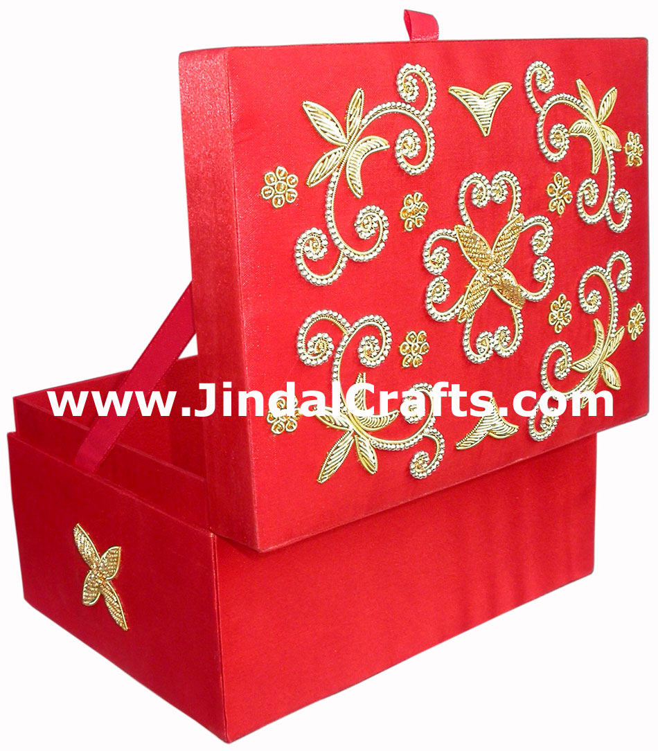 Hand Embroidered Jewelry Box With Mirror Indian Traditional Craft Beaded Zari