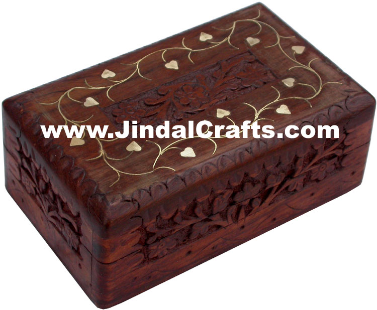 Handmade Wooden Carving Brass Inlay Box Indian Handicrafts Arts Crafts Gifts