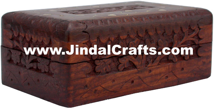 Handmade Wooden Carving Brass Inlay Box Indian Handicrafts Arts Crafts Gifts