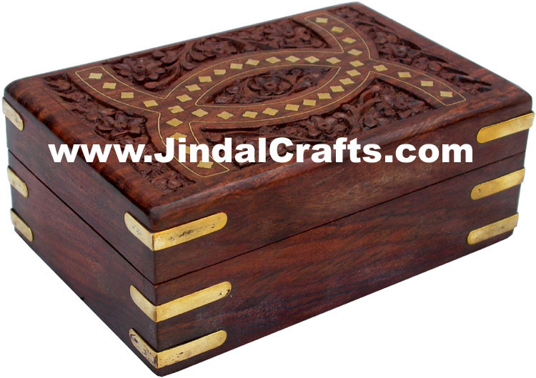 Handmade Wood Carved Brass Inlay Box Indian Handicrafts Arts Crafts Gifts Jindal