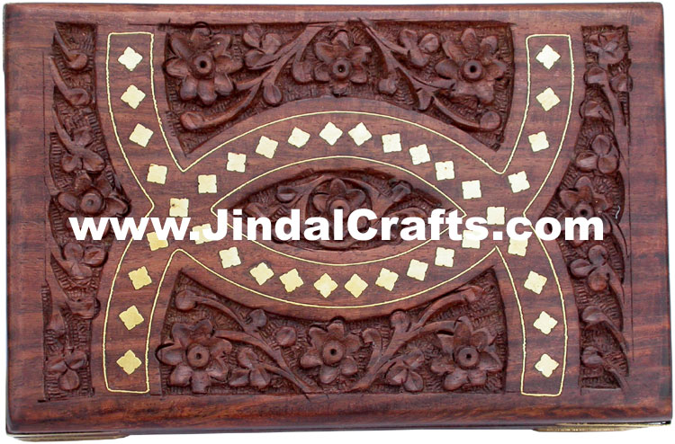 Handmade Wood Carved Brass Inlay Box Indian Handicrafts Arts Crafts Gifts Jindal