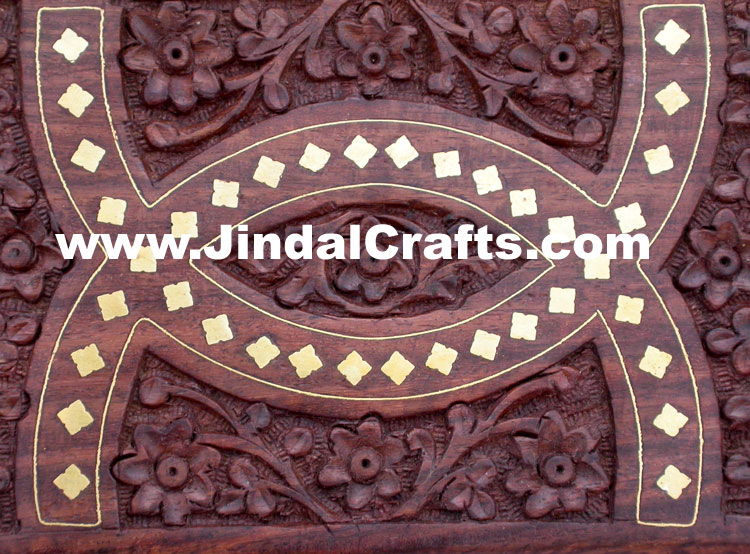 Handmade Wood Carved Brass Inlay Box Indian Handicrafts Arts Crafts Gifts Jindal