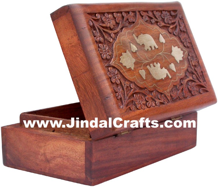 Handmade Wooden Carved Brass Inlay Box Indian Handicrafts Arts Crafts Souvenirs