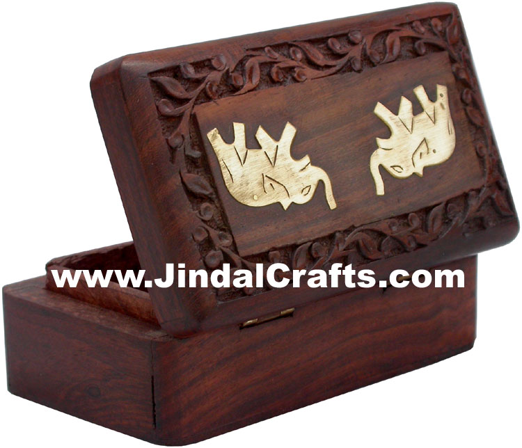 Handmade Wooden Brass Inlay Box Indian Handicrafts Arts Crafts Gift Elephants
