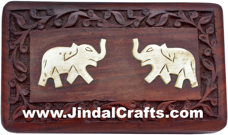 Handmade Wooden Brass Inlay Box Indian Handicrafts Arts Crafts Gift Elephants