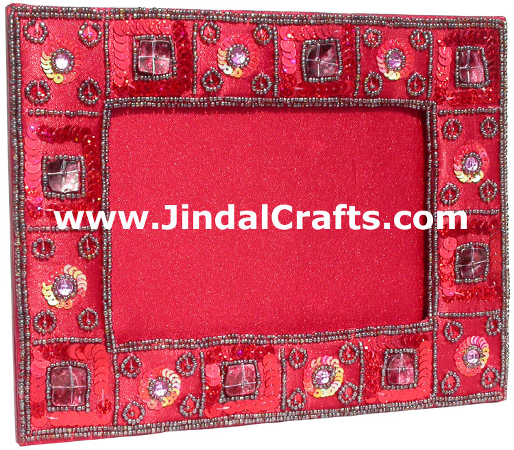 Hand Embroidered Beaded Photo Picture Frame India Art Gift Home Decor Handicraft