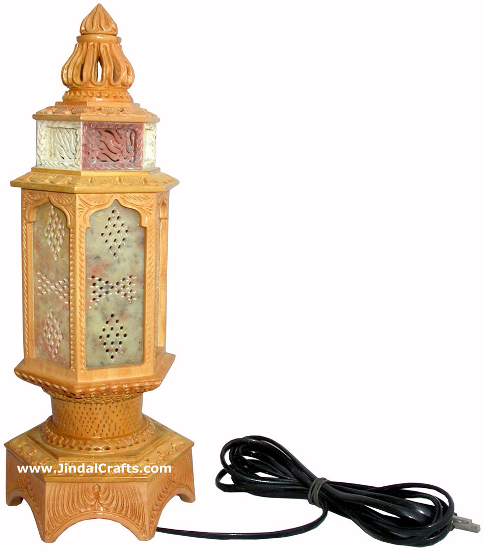 Wood Stone Lamp Shade - Hand Carved Jaali Design Rich Art Handicrafts from India
