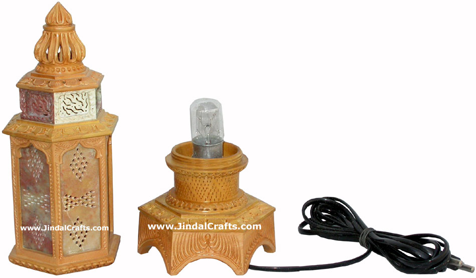 Wood Stone Lamp Shade - Hand Carved Jaali Design Rich Art Handicrafts from India
