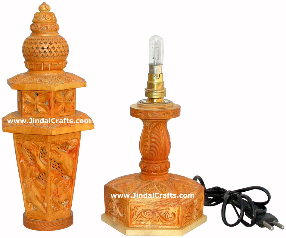 Wood Jungle Lamp Shade Hand Carved Jaali Design Rich Art Handicrafts from India