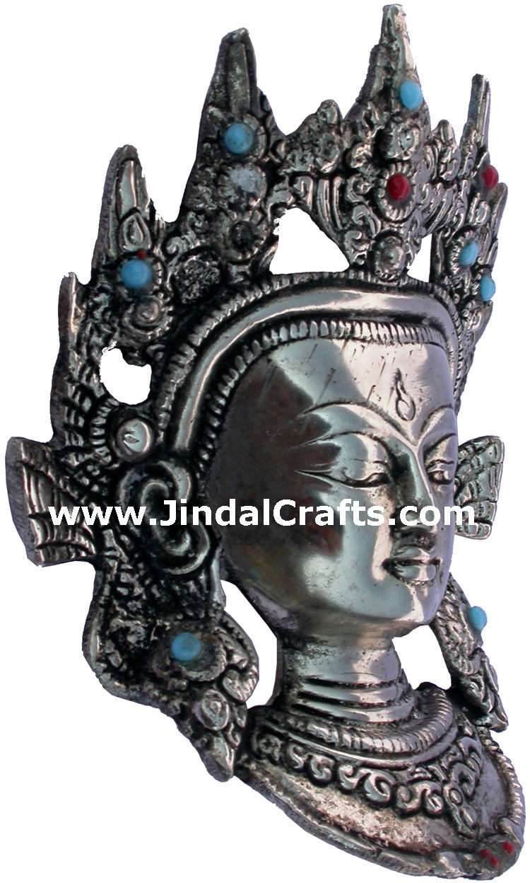 Metal Sculpture Silver Tara Face Mask Indian Tradition Hand Crafted Buddhism Art