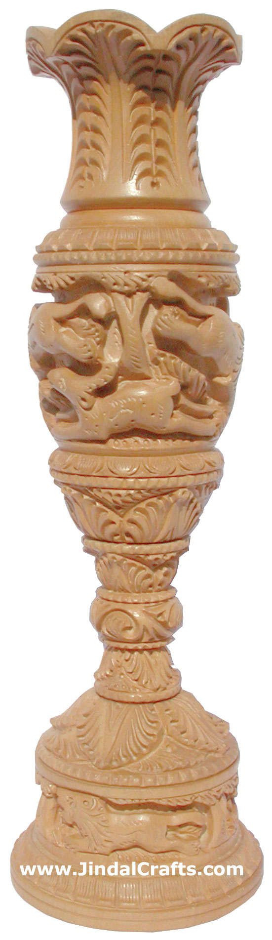 Handmade Wood Lion Jungle Flower Vase India Carving Art Home Decor Artifacts