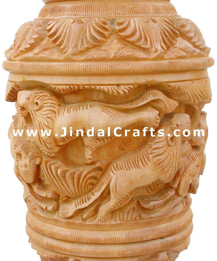 Hand Carved Wooden Vase Jungle Work India Fair Trade