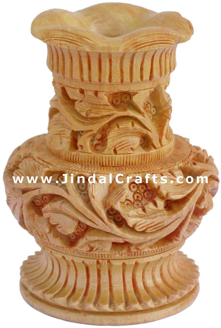 Hand Carved Wooden Decorative Vase India Fair Trade Art