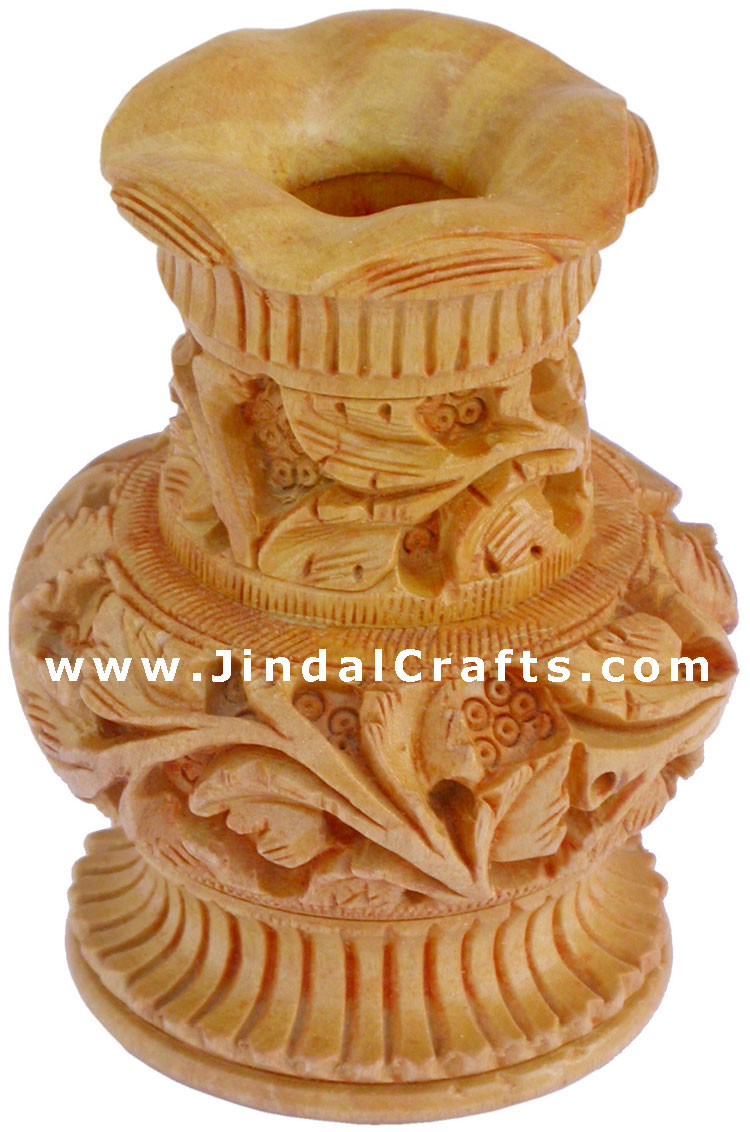 Hand Carved Wooden Decorative Vase India Fair Trade Art